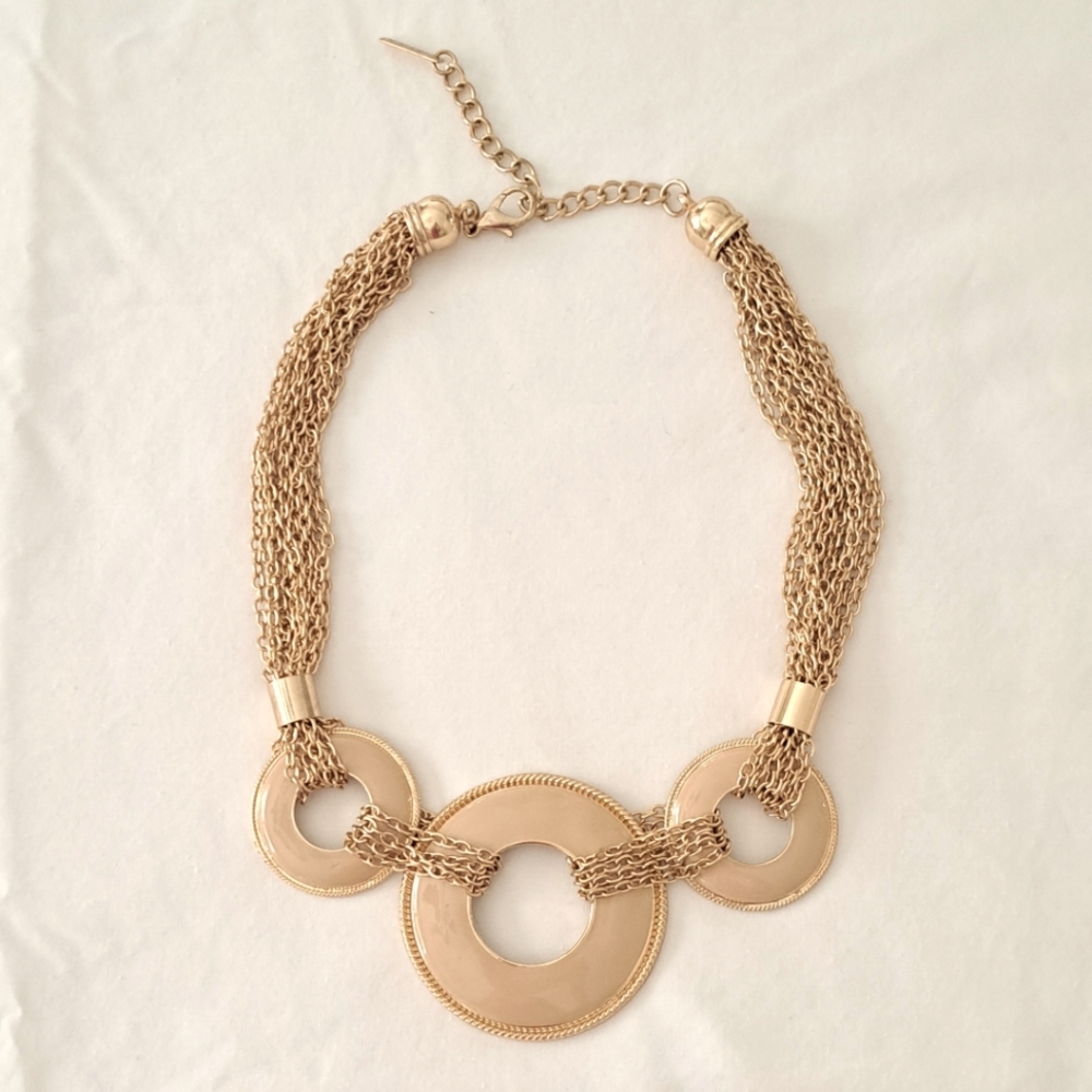 Mika gold Tone chain rings coastal Statement office 10in necklace.